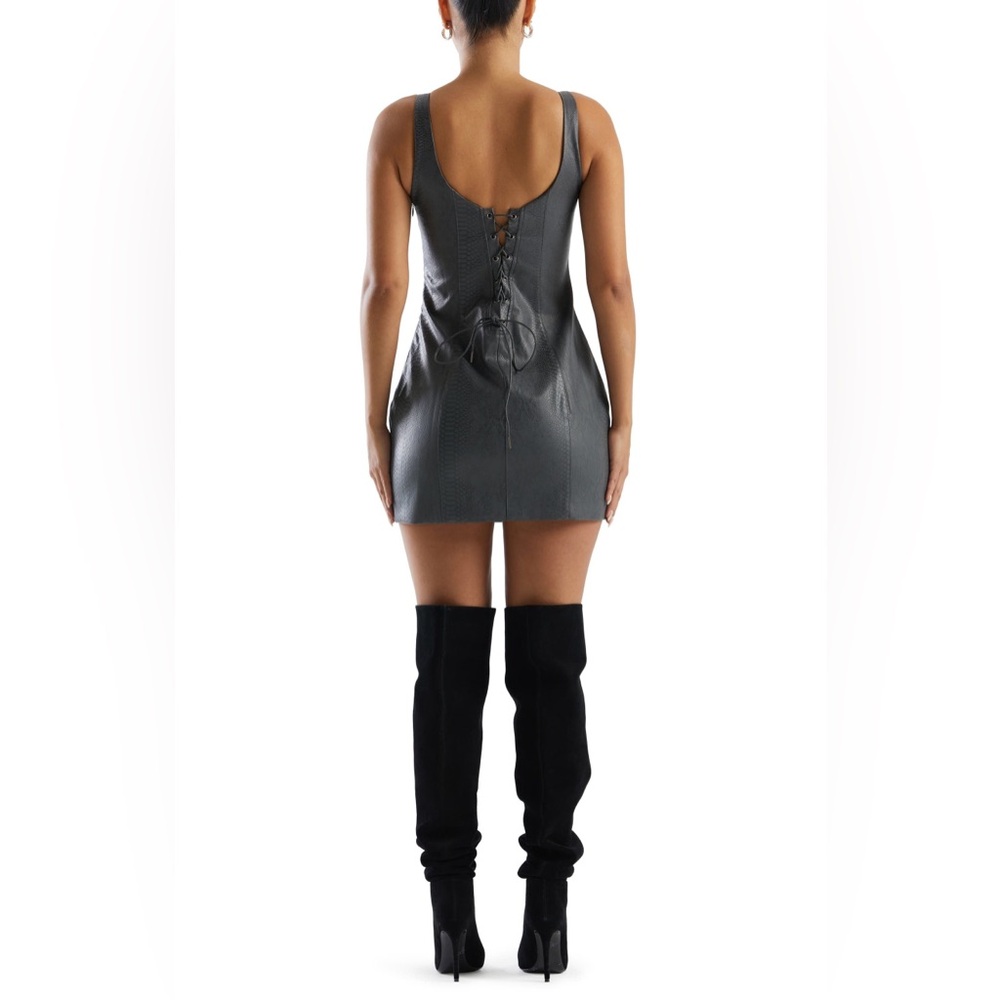 NAKED WARDROBE $128 Snakeskin Embossed Lace Up Back Faux Leather Mini Dress - Picture 2 of 2